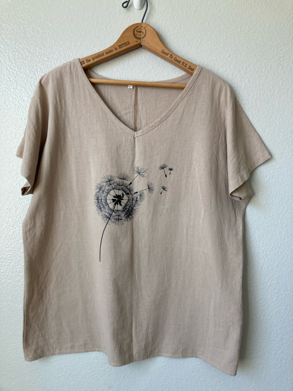Dandelion Print V neck Cotton Lightweight Neutral Lagenlook Boxy Top Sz L